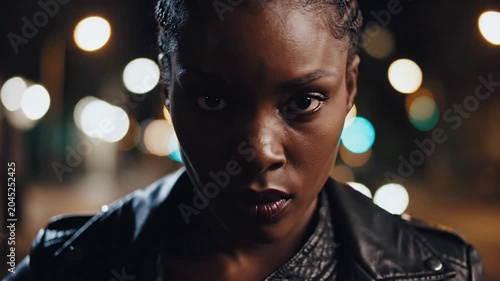 Serious Black woman in leather jacket on city street at night