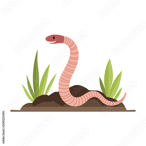 Cute earthworm in soil with grass, flat design illustration