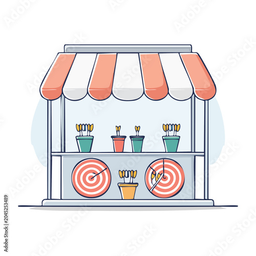 Flat design carnival game booth with dartboards and potted plants