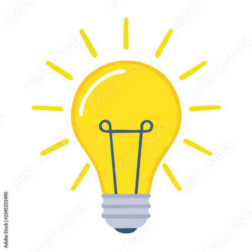 Flat design icon of a glowing yellow light bulb with rays