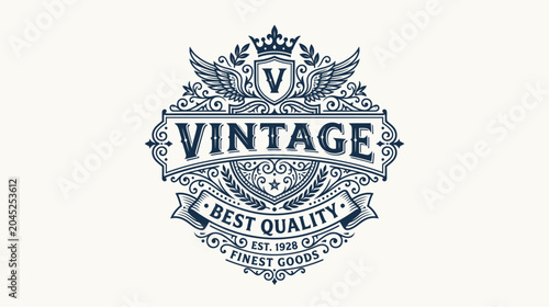 Slika na platnu An intricate vintage-style emblem with a shield, crown, wings, and banners proclaiming 'VINTAGE', 'BEST QUALITY', and 'FINEST GOODS', featuring ornate scrollwork