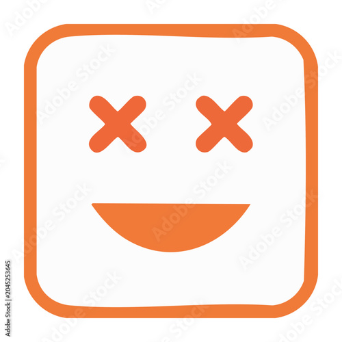 Orange smiley face icon with x eyes and smiling mouth