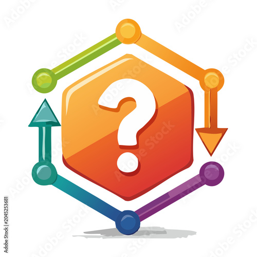 Question mark inside a colorful hexagon with graph elements