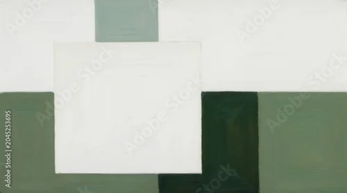Panel kuchenny z motywem Oil painting shows geometric shapes in white green hues. Overlapping squares create abstract art composition with visible brush strokes. Clean, modern background.