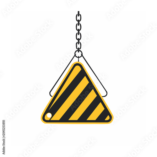 Yellow and black striped warning sign hanging from a chain
