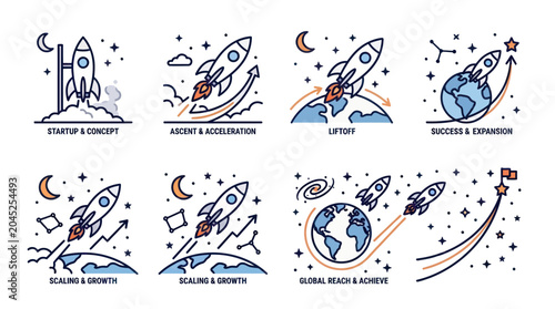 Tableau sur toile Business startup and global expansion space theme icons.