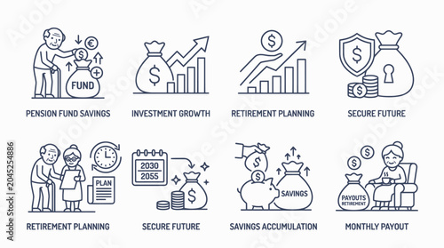 Cuadro en lienzo Retirement planning and pension fund line icons set.
