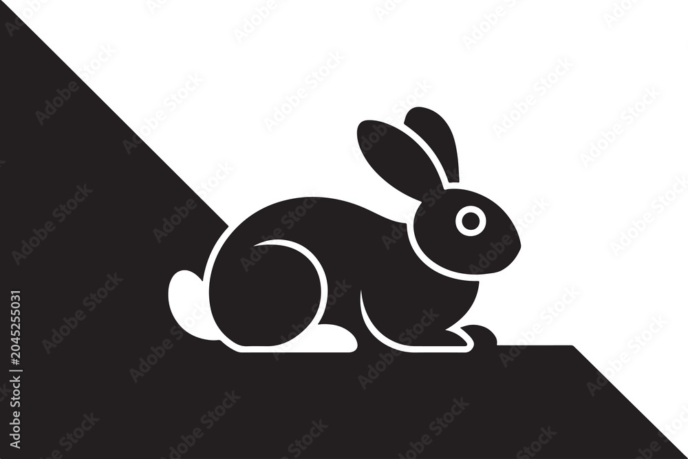 Obraz premium Minimalist black and white rabbit silhouette icon sitting on a diagonal geometric background