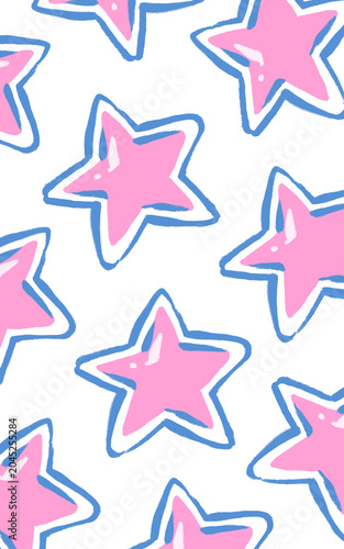Fotografía Cute pink hand-drawn star pattern with playful doodle outlines on a yellow background