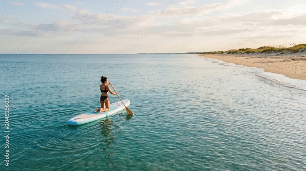 © velikiyzayats - Young woman kneeling on stand up paddle board in calm turquoise ocean water near sandy beach at sunrise for summer vacation travel and active lifestyle concept © velikiyzayats - Young woman kneeling on stand up paddle board in calm turquoise ocean water near sandy beach at sunrise for summer vacation travel and active lifestyle concept