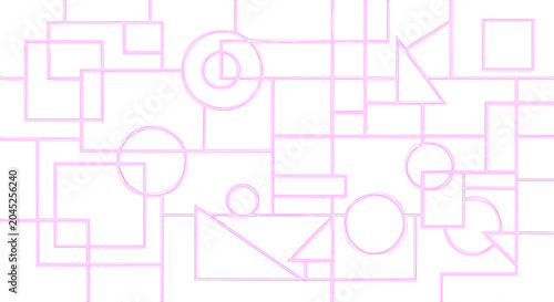 Complex geometric linear pattern with multiple circles and squares in pink ink sketch