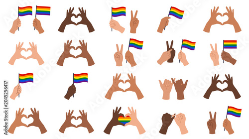 LGBTQ Pride Symbols Diverse Hands Gestures Rainbow Flags Heart Peace Sign Love Symbol