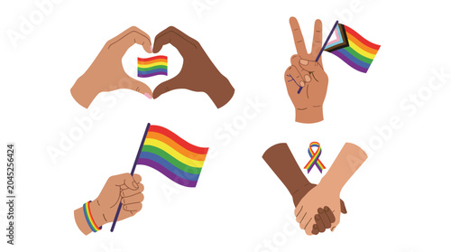 LGBTQ Pride symbols hands holding flags ribbon and heart shapes diversity and inclusion