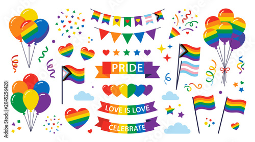 LGBTQ Pride Celebration Elements Rainbow Flags Balloons Confetti Hearts and Banners