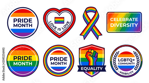 LGBTQ Pride Month celebration symbols and badges with rainbow colors
