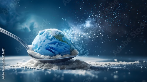 Planet Earth shaped ice cream scoop on a silver spoon dissolving into sparkling particles, environmental concept