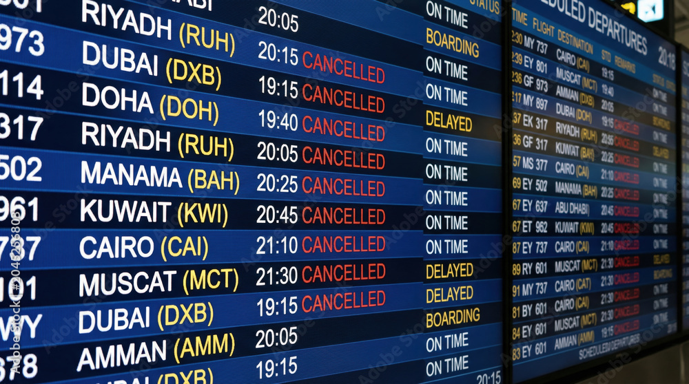 Fototapeta premium Digital airport departure board with many cancelled flights. Information display showing travel delays and cancellations. Middle East flight schedule screen
