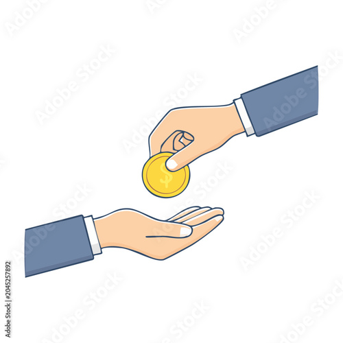 Hand giving a gold coin to another hand