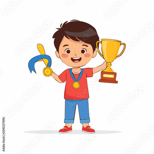 Happy Boy Holding Trophy and Medals