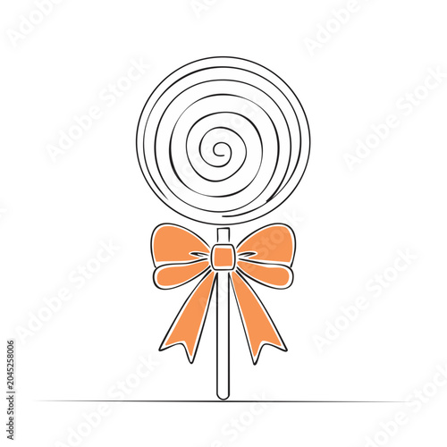 Line art lollipop with orange bow on white background