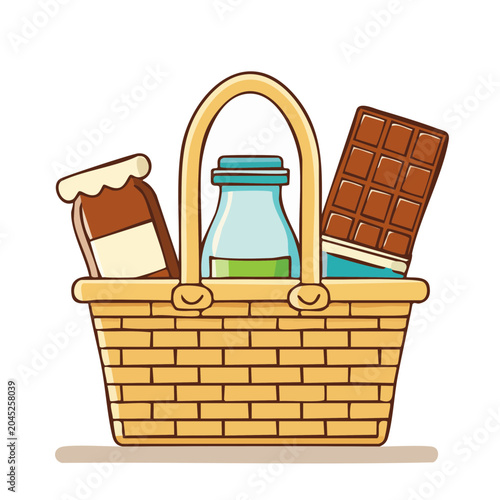Picnic basket with chocolate, jam jar, and milk bottle