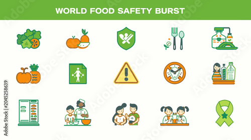 Flat linear vector icon set for world food safety day concept with healthy nutrition hygiene and cooking symbols