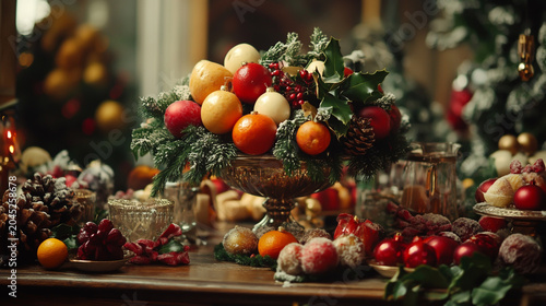 Festive christmas table centerpiece arrangement featuring fresh fruits oranges pomegranate and greenery in glass bowl christmas centerpiece