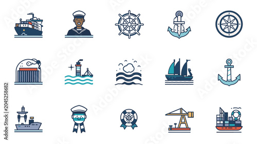 Comprehensive set of flat vector icons illustrating diverse maritime transport, cargo shipping, nautical symbols, and seafaring elements for ocean-themed designs