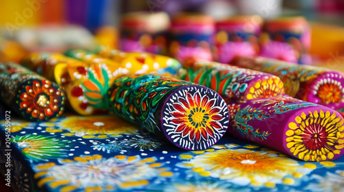 Colorful hand painted cylindrical wooden art pieces with floral motifs handcrafted colorful cylindrical ornamental decorative traditional