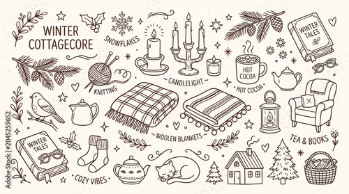 Fényképezés Cozy Winter Cottagecore Elements Collection: A charming hand-drawn illustration featuring cozy winter themes like hot cocoa, knitting, warm blankets, and a cat