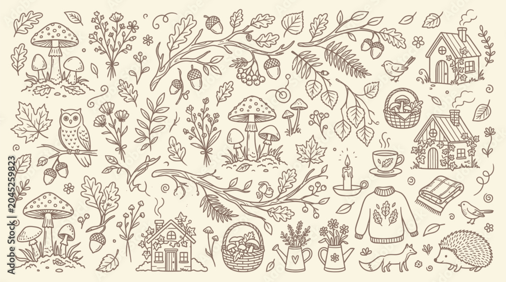 Naklejka premium Charming Hand-Drawn Autumn Elements Collection Featuring Forest Creatures, Mushrooms, and Cozy Cottages.