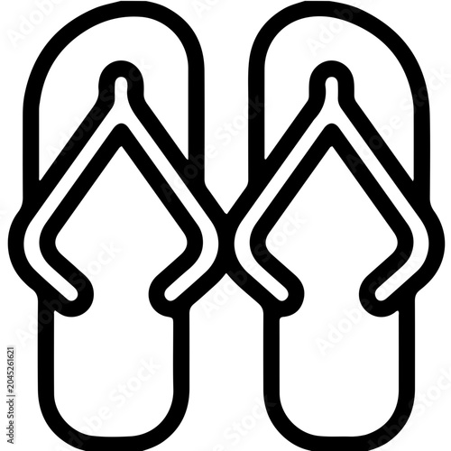 Modern flip-flop sandals icon, monochrome black and white color scheme, minimalist vector art, travel and vacation concept, clean outline, isolated background.