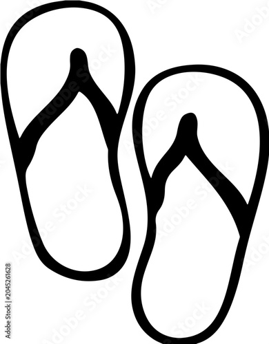 Modern flip-flop sandals icon, monochrome black and white color scheme, minimalist vector art, travel and vacation concept, clean outline, isolated background.