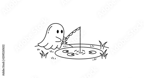 Little ghost character fishing by small pond illustration