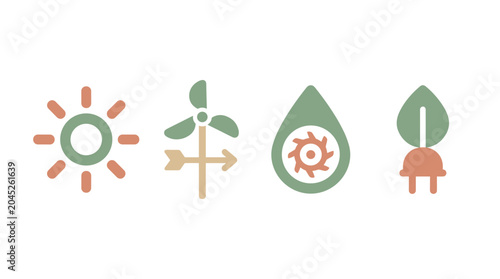 Sustainable energy and eco-friendly renewable source icons set.