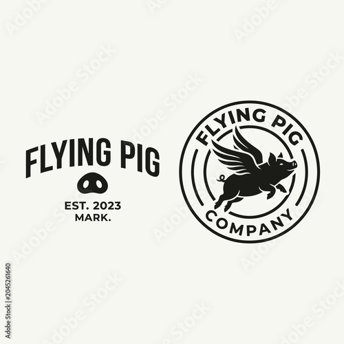 Clean black and white Flying Pig company logo set.