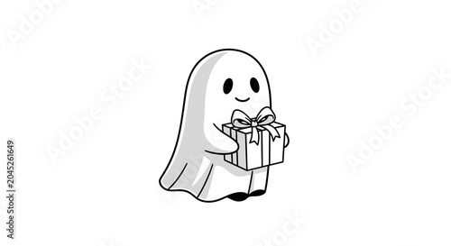 Cute ghost character holding wrapped gift box with ribbon
