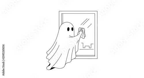 Cute ghost character cleaning window with squeegee illustration