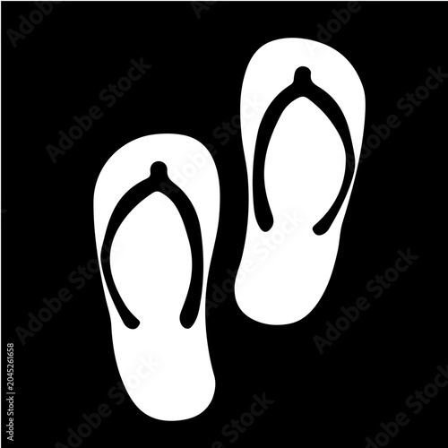 Modern flip-flop sandals icon, monochrome black and white color scheme, minimalist vector art, travel and vacation concept, clean outline, isolated background.