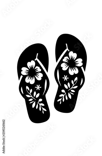 Modern flip-flop sandals icon, monochrome black and white color scheme, minimalist vector art, travel and vacation concept, clean outline, isolated background.