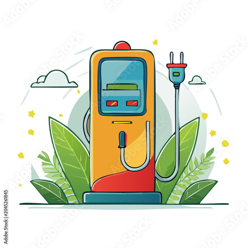 Electric car charging station with plug and leaves