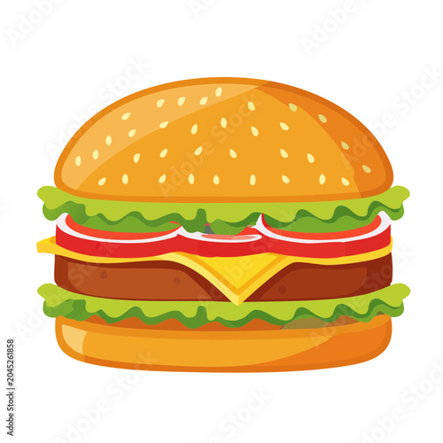 Flat design hamburger illustration with lettuce, tomato, onion, and