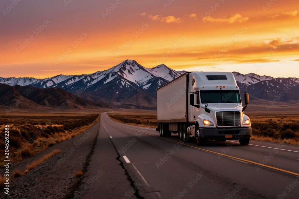 Fototapeta premium White semi truck drives on empty highway toward snow capped mountains at sunset. Vast landscape road stretches to horizon under dramatic orange sky.