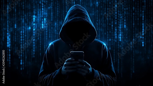 anonymous person silhouette in abstract dark blue codes background