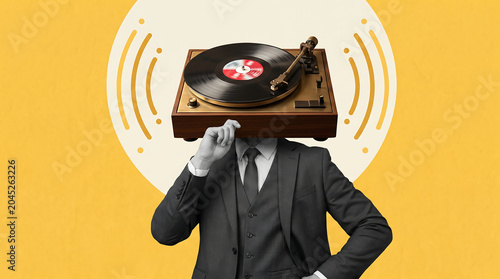 Creative businessman listening to vinyl record with futuristic abstract sound waves and surreal digital art style