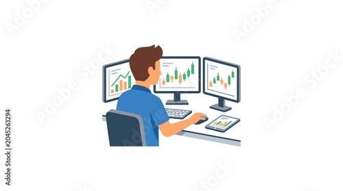 Professional analyst monitoring stock market data on multiple computer screens