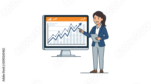 Professional woman pointing at rising business growth chart on large monitor