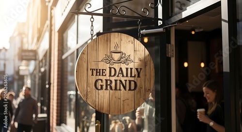Round wooden coffee shop sign on a sunny urban street entrance