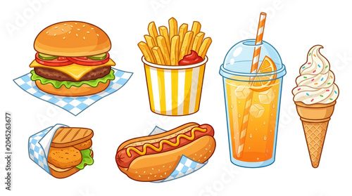 Set of fast food icons including burger french fry drink and ice cream on transparent background. Cartoon meal collection for restaurant menu design and cafe advertising concept art.