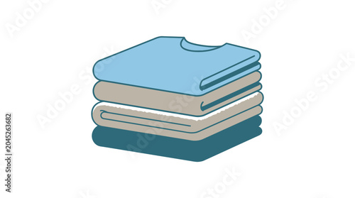 Stack of folded shirts in pastel blue beige and teal colors on white background